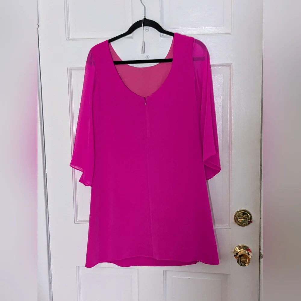Buckley K Hot Pink Silk Tunic Dress Size 2 Sheer Sleeve Shift Made USA - Picture 3 of 5